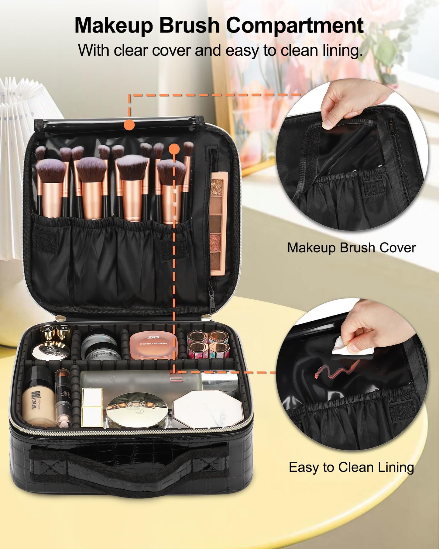 Relavel Travel Makeup Train Case Makeup Cosmetic Case Organizer Portable Artist Storage Bag with Adjustable Dividers for Cosmetics Makeup Brushes Toiletry Jewelry Digital Accessories Black