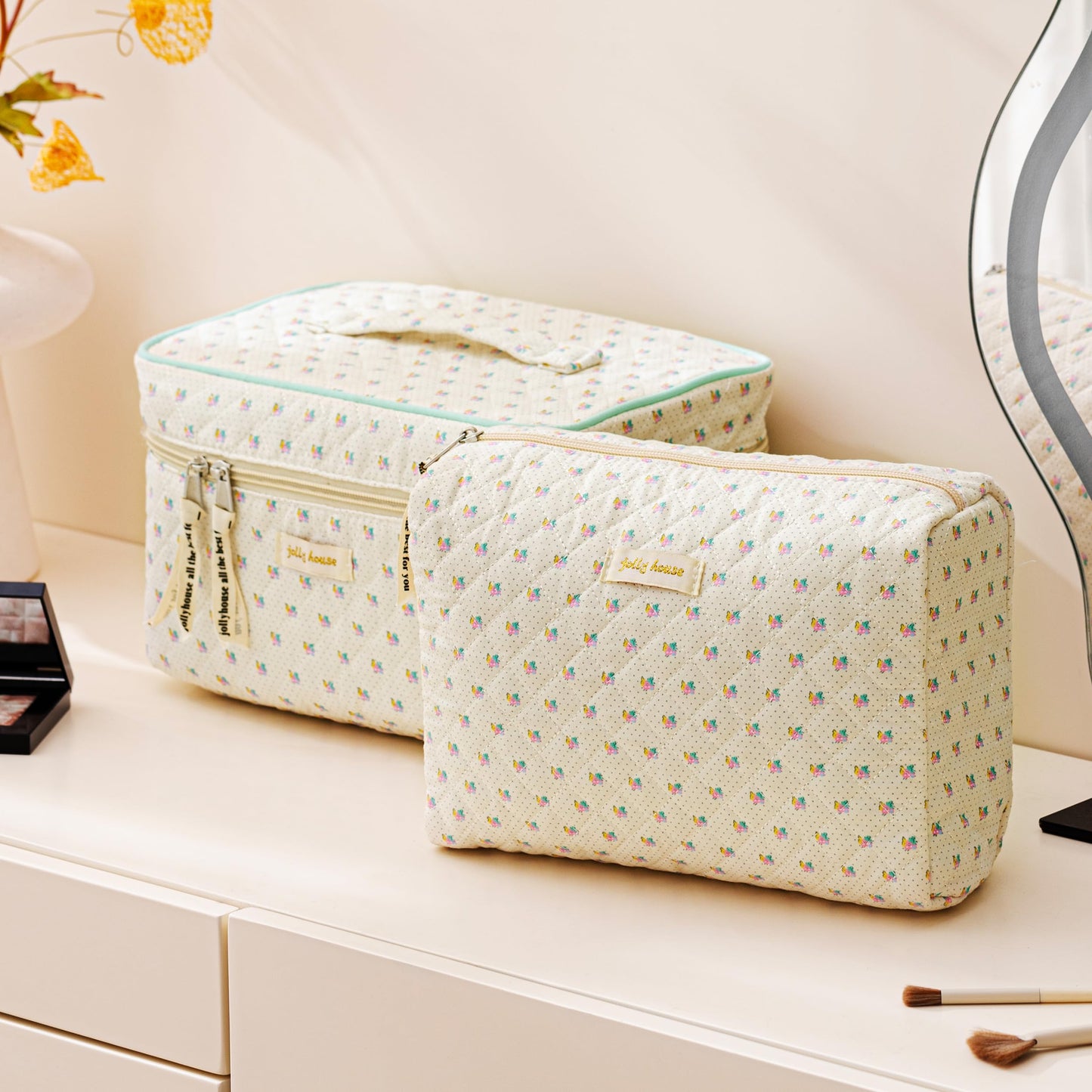 HBselect Quilted Makeup Bag, 3PCS Cotton Large Travel Makeup Bag, Cute Floral Coquette Make up Bag Cosmetic Bag Toiletry Bag for Women Girls