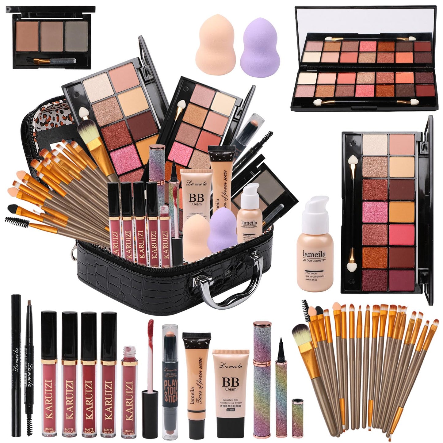 All in One Makeup Gift Set for Women Full Kit for2x14-color eyeshadow palettes,5xlipgloss sets,mascara,eyeliner,eyebrowpowder,eyebrow pencil, foundation, highlighter stick etc