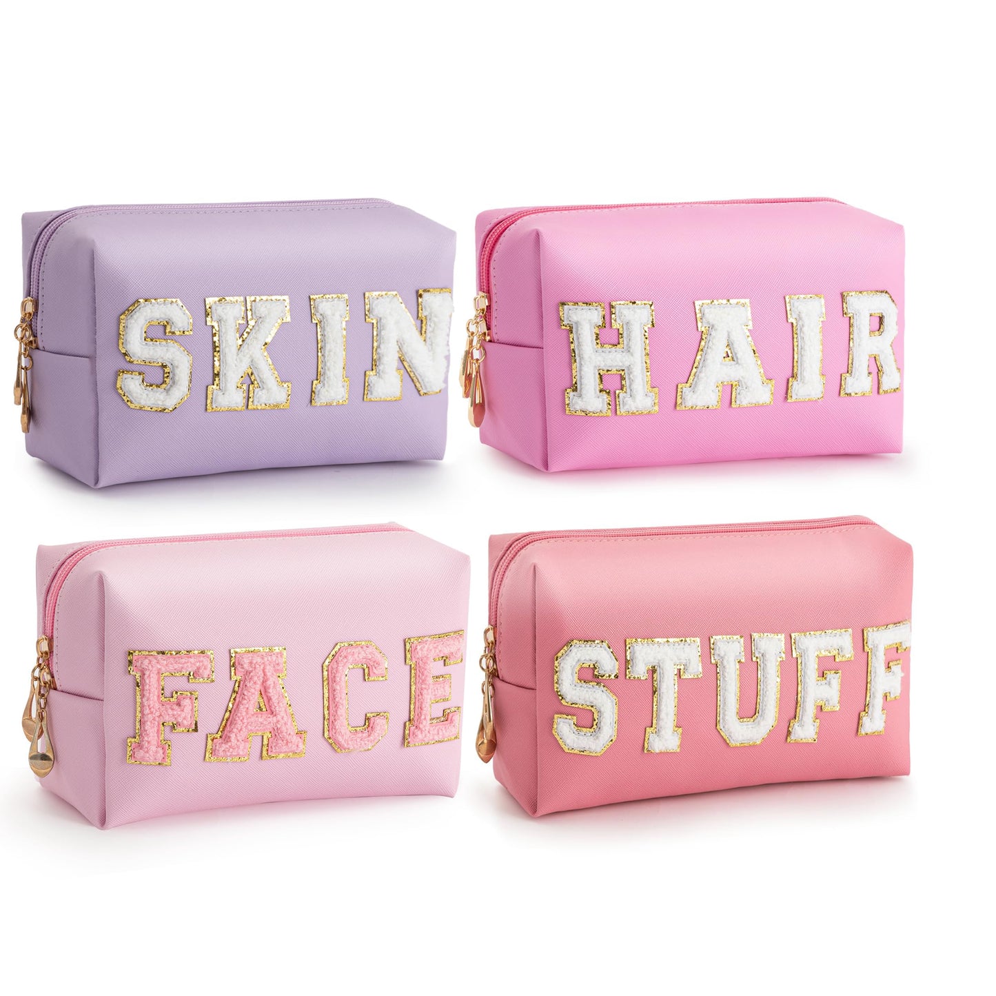 HBselect 4 Pcs Chenille Letter Patch Makeup Bags - Portable Waterproof Cosmetic Organizer for Women