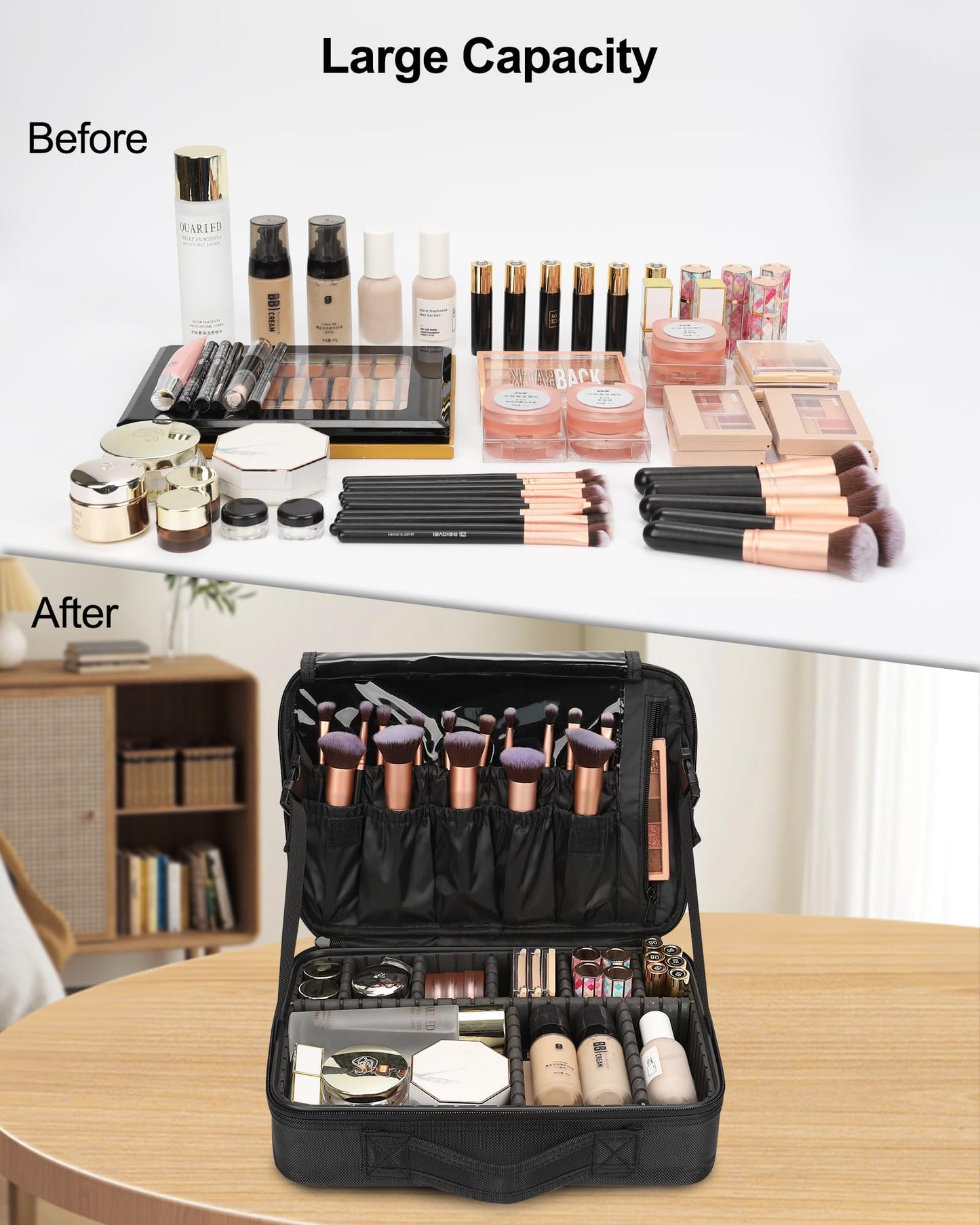 Relavel Travel Makeup Train Case Makeup Cosmetic Case Organizer Portable Artist Storage Bag with Adjustable Dividers for Cosmetics Makeup Brushes Toiletry Jewelry Digital Accessories Black