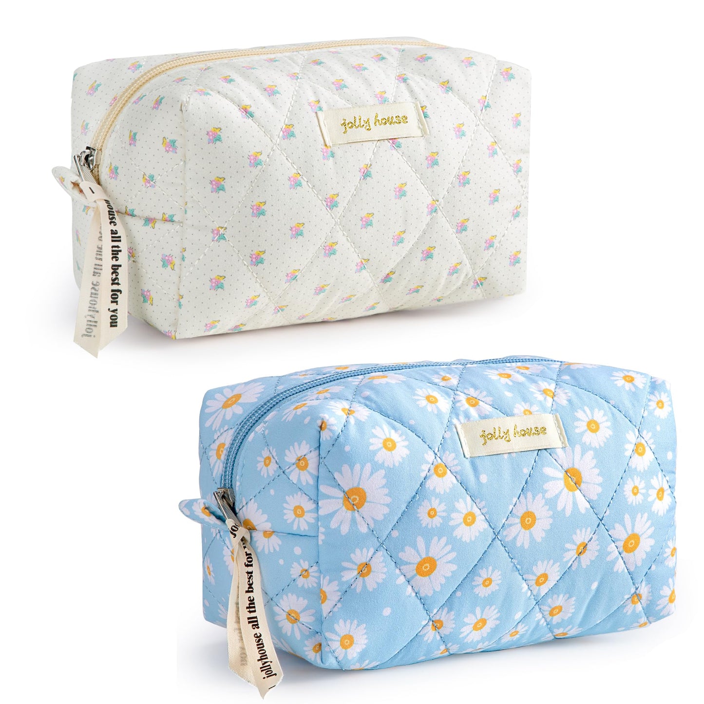 HBselect Quilted Makeup Bag, 3PCS Cotton Large Travel Makeup Bag, Cute Floral Coquette Make up Bag Cosmetic Bag Toiletry Bag for Women Girls