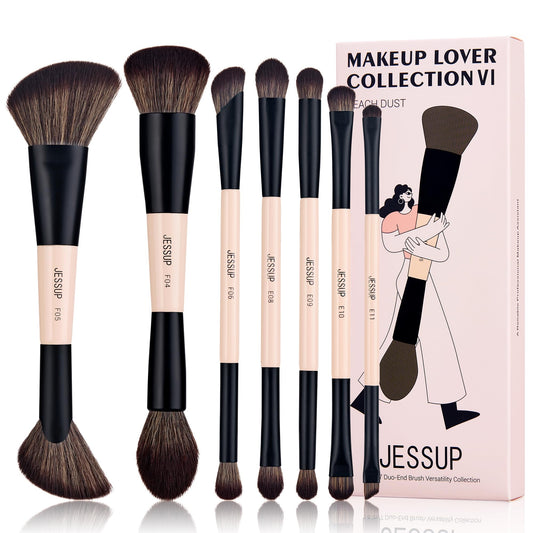 Jessup Makeup Brushes 5pcs Double Ended Eyeshadow Brush Contour Brush Blending Brush Eyeliner Brush Shader Brush, Vegan Fiber Precision Eye Brush Set Peach Dust T509