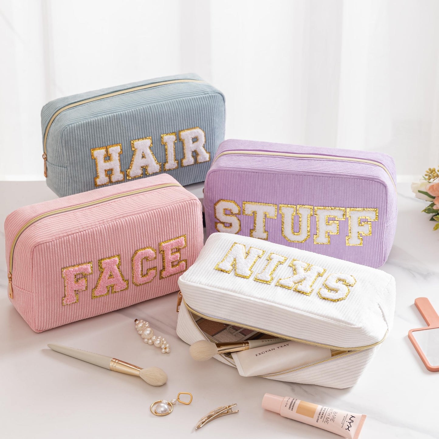 HBselect 4 Pcs Chenille Letter Patch Makeup Bags - Portable Waterproof Cosmetic Organizer for Women