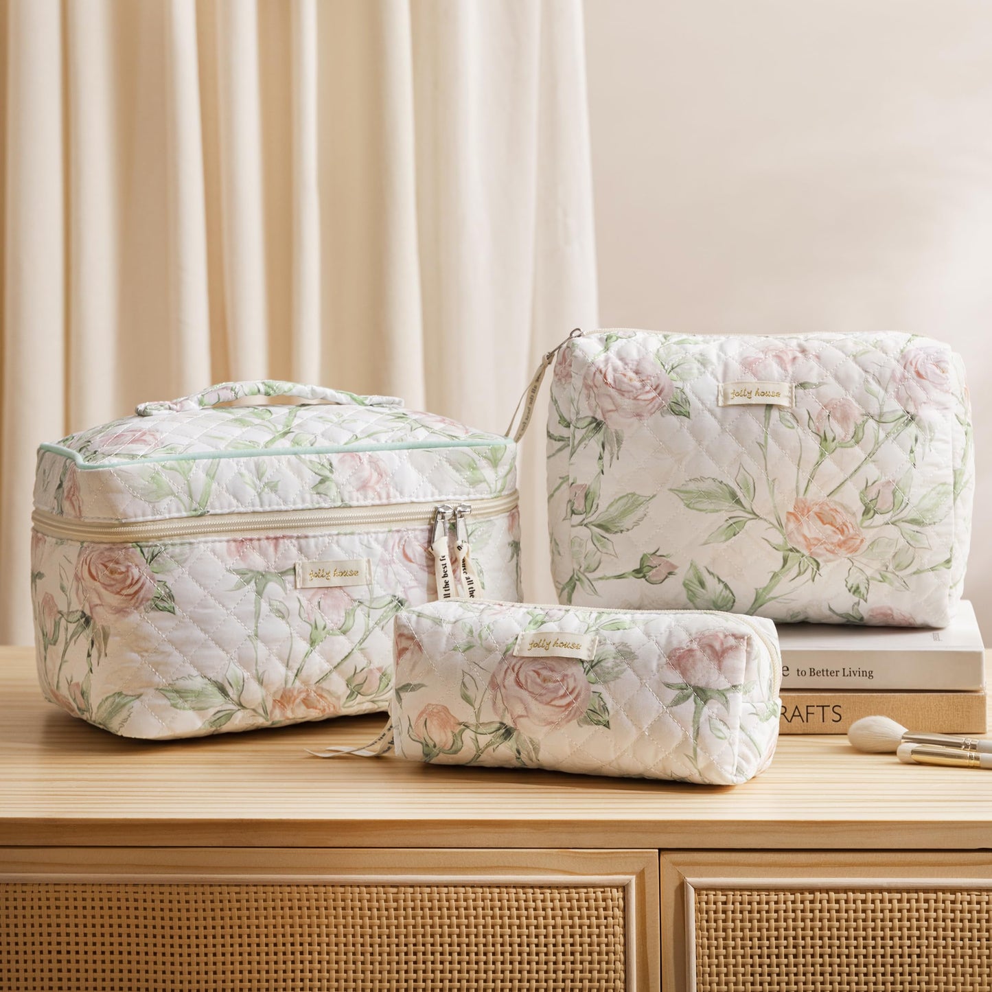 HBselect Quilted Makeup Bag, 3PCS Cotton Large Travel Makeup Bag, Cute Floral Coquette Make up Bag Cosmetic Bag Toiletry Bag for Women Girls