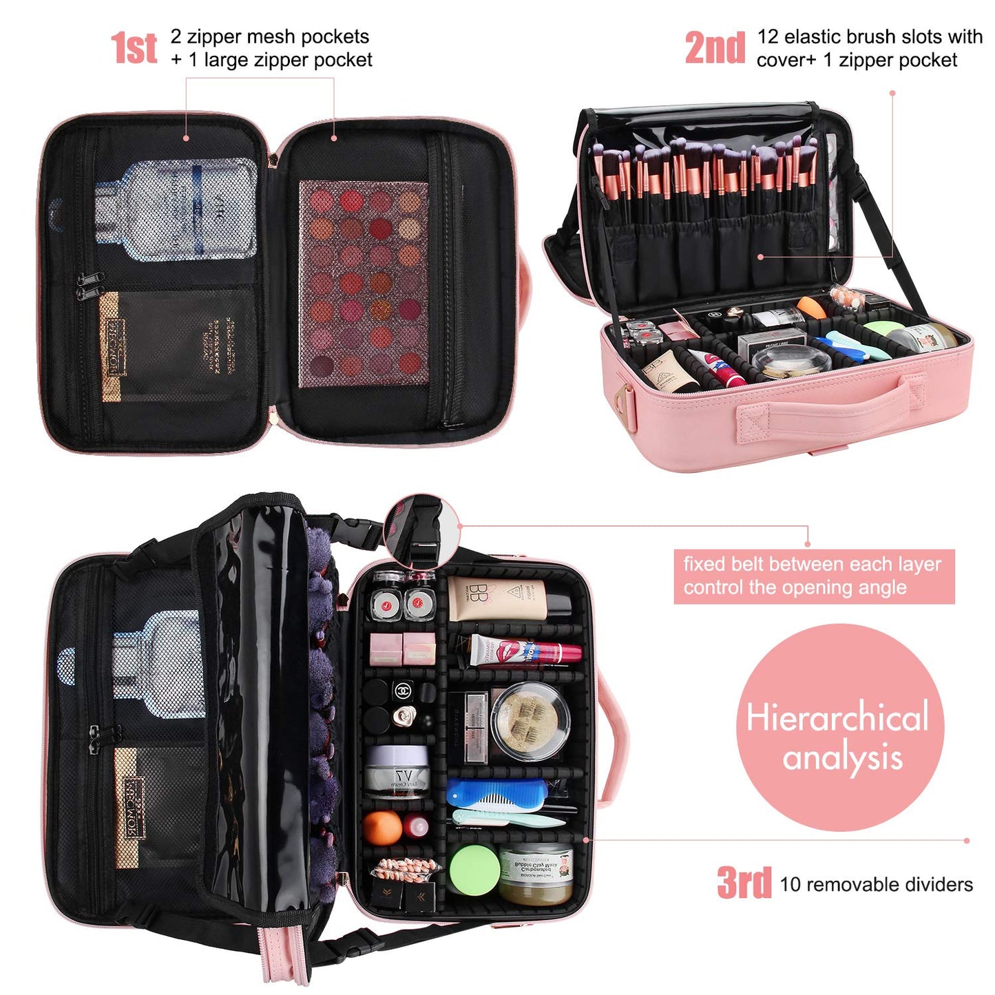 Relavel Travel Makeup Train Case Makeup Cosmetic Case Organizer Portable Artist Storage Bag with Adjustable Dividers for Cosmetics Makeup Brushes Toiletry Jewelry Digital Accessories Black