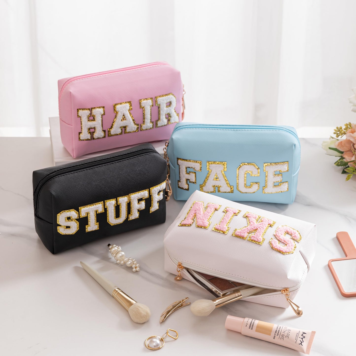 HBselect 4 Pcs Chenille Letter Patch Makeup Bags - Portable Waterproof Cosmetic Organizer for Women