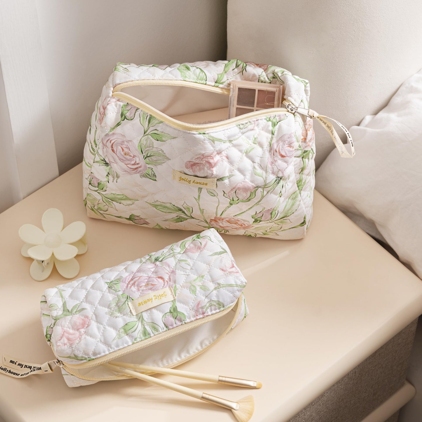 HBselect Quilted Makeup Bag, 3PCS Cotton Large Travel Makeup Bag, Cute Floral Coquette Make up Bag Cosmetic Bag Toiletry Bag for Women Girls