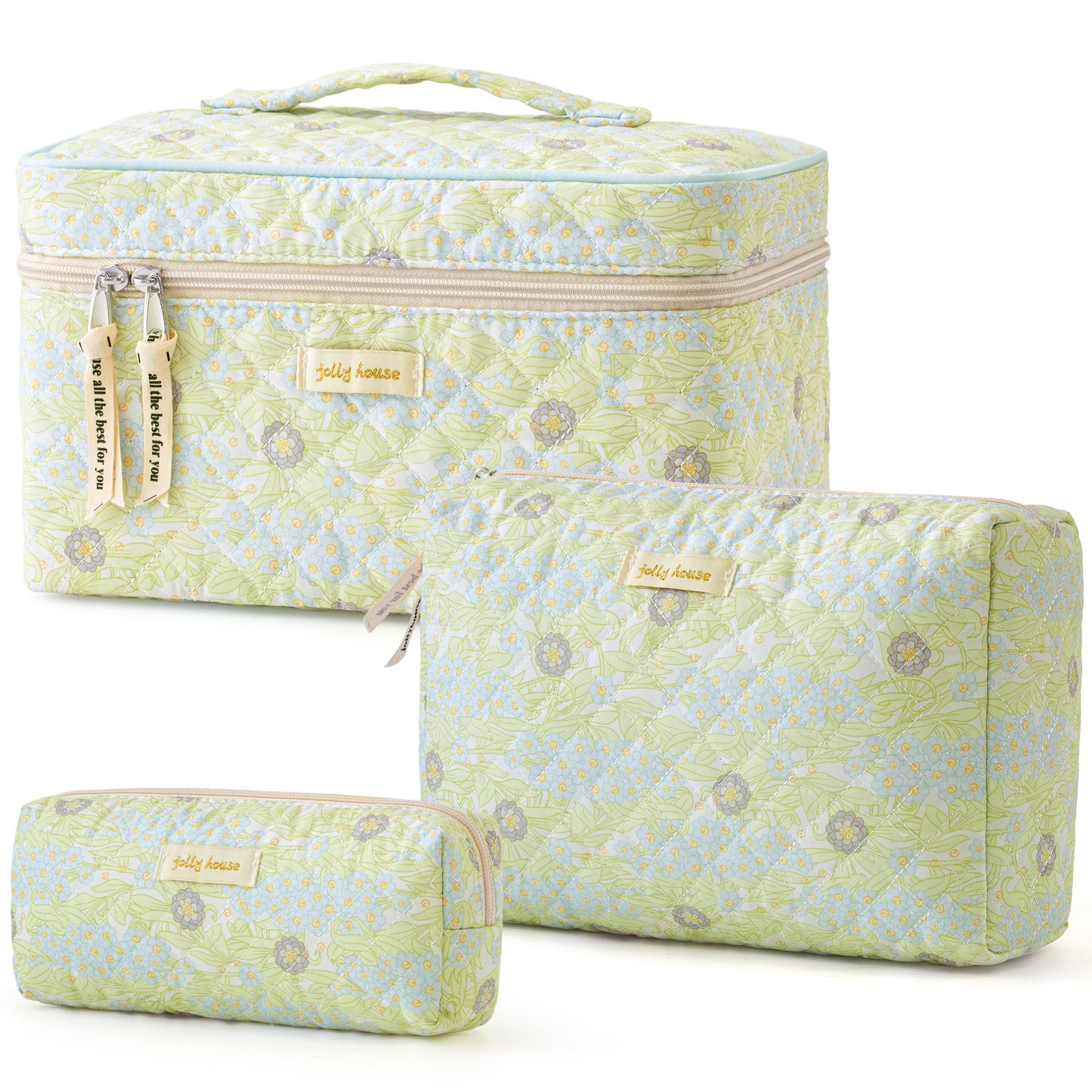 HBselect Quilted Makeup Bag, 3PCS Cotton Large Travel Makeup Bag, Cute Floral Coquette Make up Bag Cosmetic Bag Toiletry Bag for Women Girls