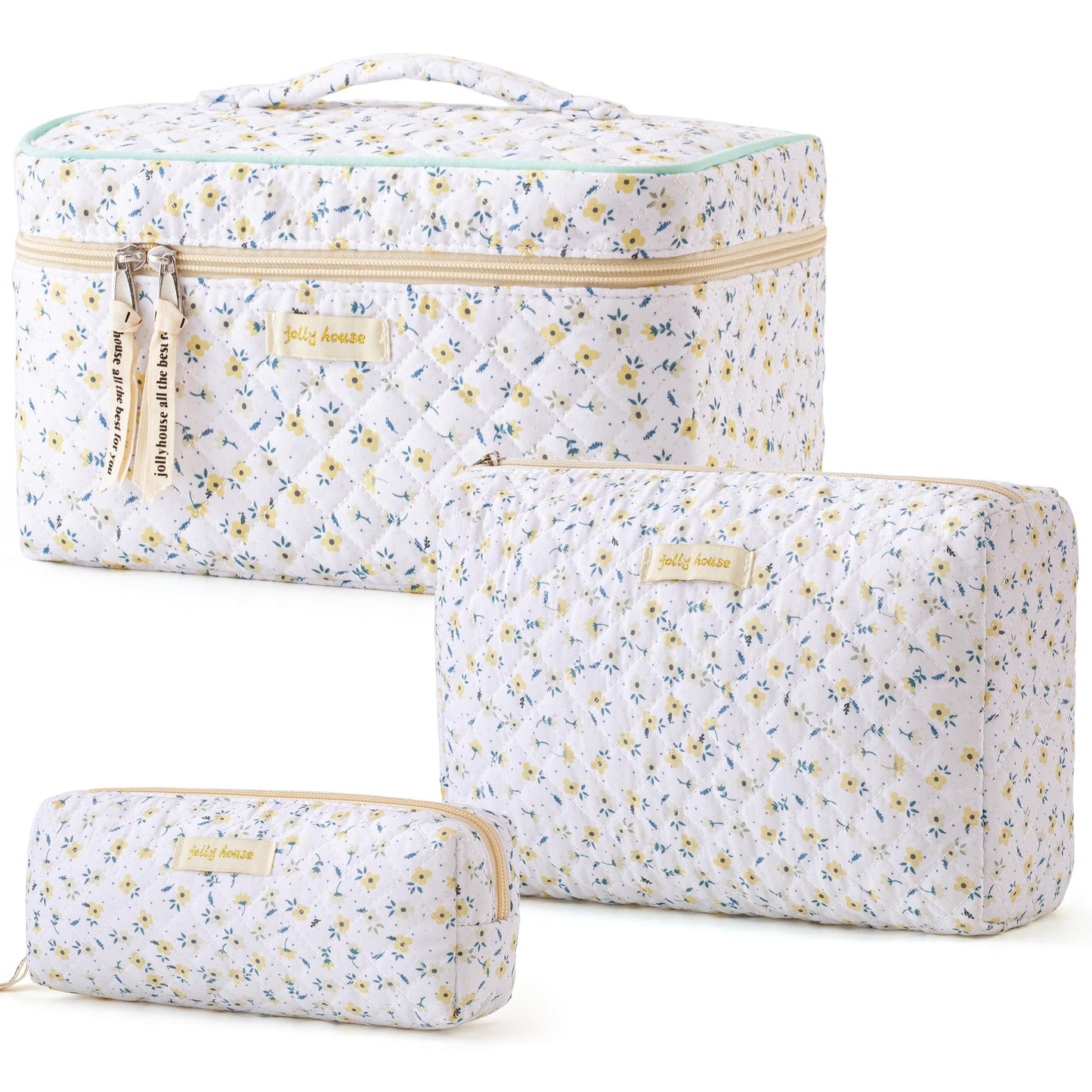 HBselect Quilted Makeup Bag, 3PCS Cotton Large Travel Makeup Bag, Cute Floral Coquette Make up Bag Cosmetic Bag Toiletry Bag for Women Girls