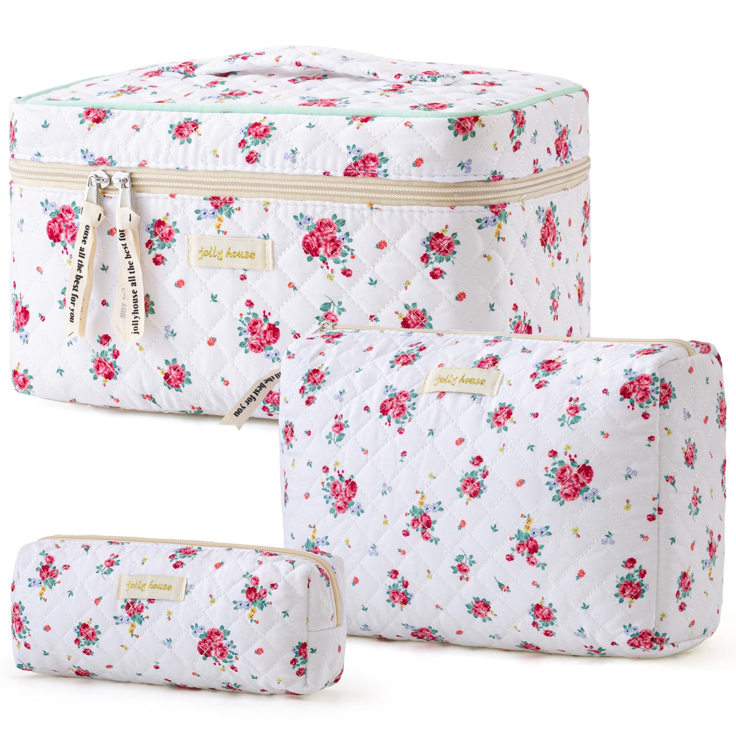 HBselect Quilted Makeup Bag, 3PCS Cotton Large Travel Makeup Bag, Cute Floral Coquette Make up Bag Cosmetic Bag Toiletry Bag for Women Girls