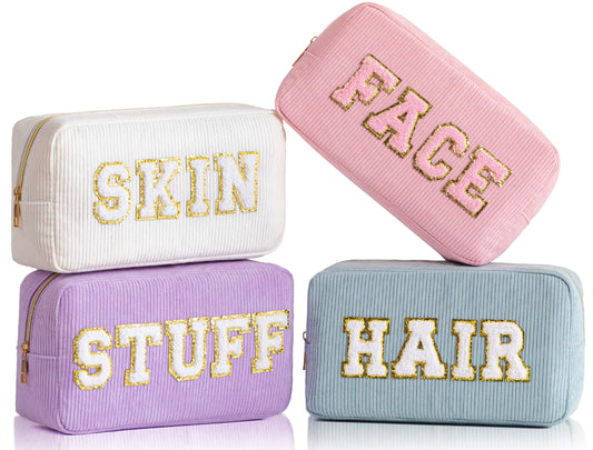 HBselect 4 Pcs Chenille Letter Patch Makeup Bags - Portable Waterproof Cosmetic Organizer for Women