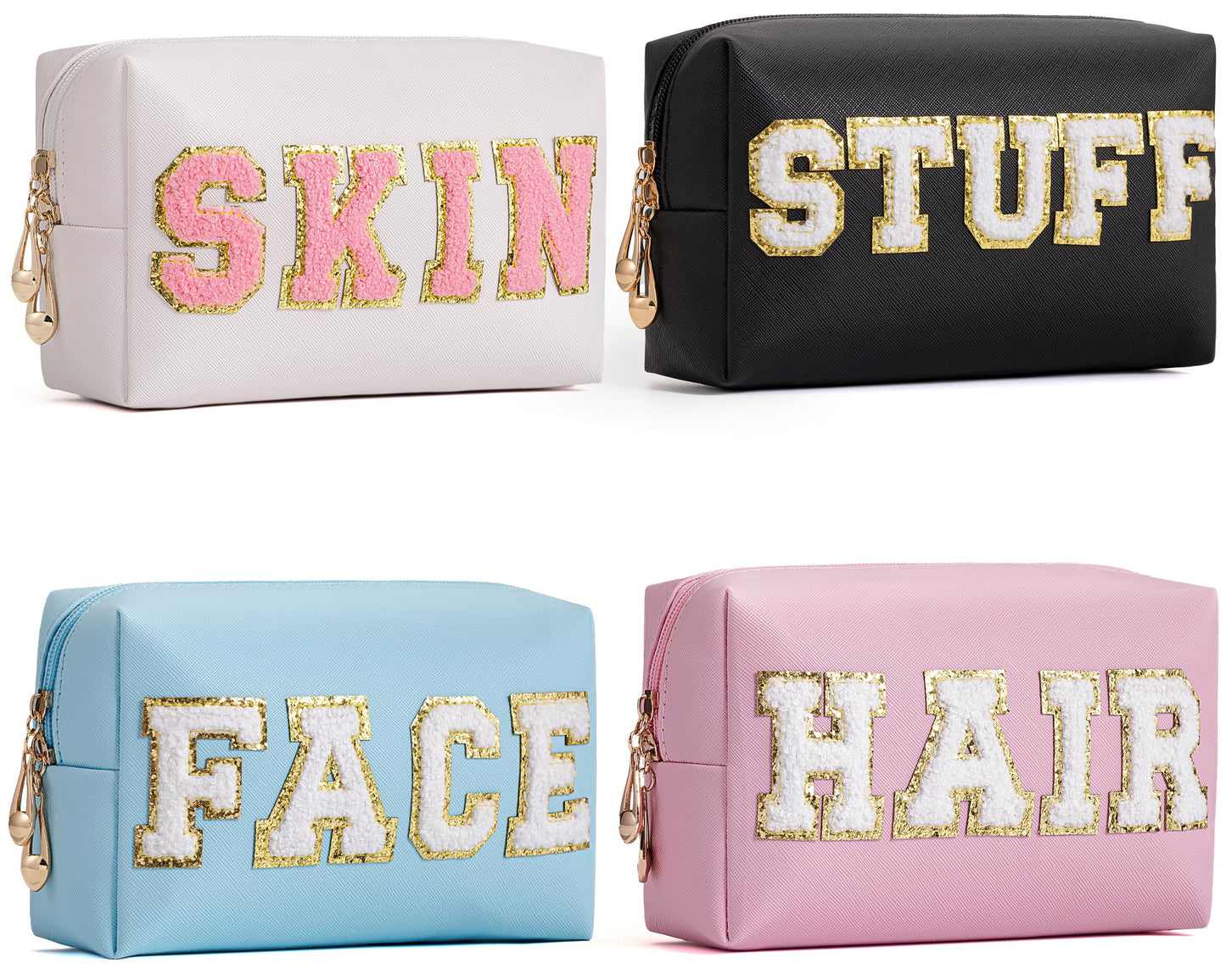 HBselect 4 Pcs Chenille Letter Patch Makeup Bags - Portable Waterproof Cosmetic Organizer for Women