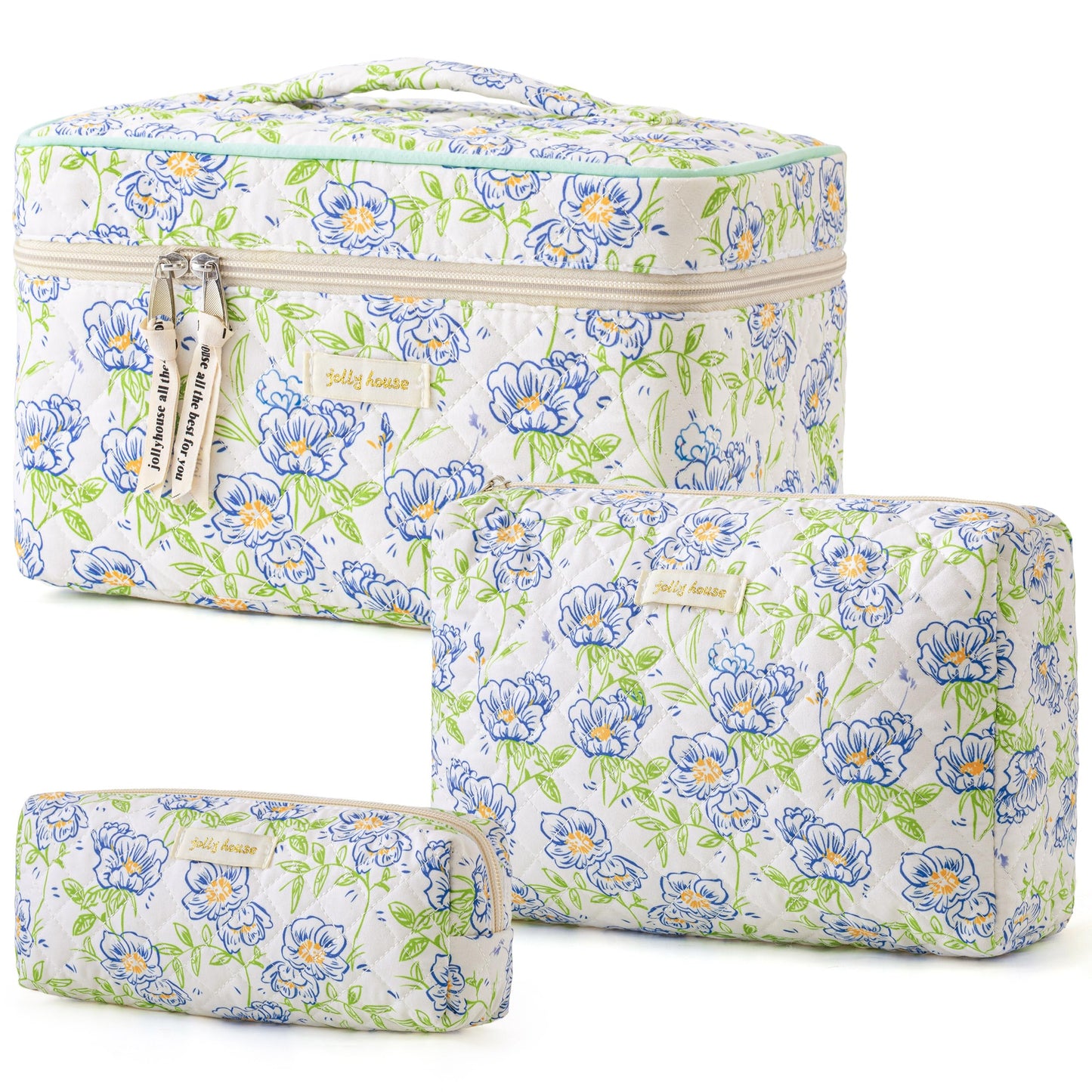 HBselect Quilted Makeup Bag, 3PCS Cotton Large Travel Makeup Bag, Cute Floral Coquette Make up Bag Cosmetic Bag Toiletry Bag for Women Girls