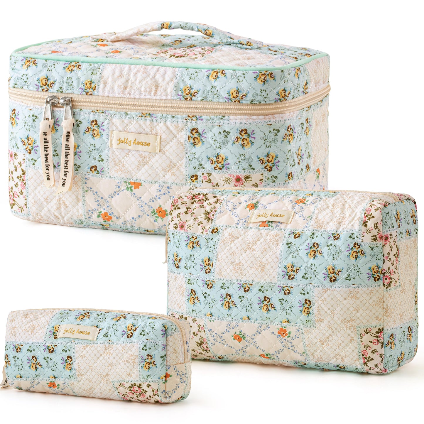 HBselect Quilted Makeup Bag, 3PCS Cotton Large Travel Makeup Bag, Cute Floral Coquette Make up Bag Cosmetic Bag Toiletry Bag for Women Girls