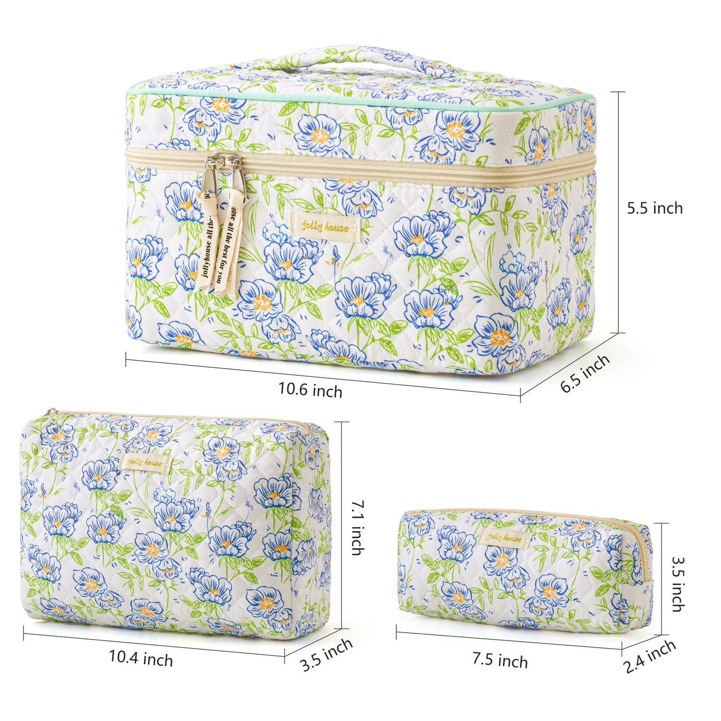 HBselect Quilted Makeup Bag, 3PCS Cotton Large Travel Makeup Bag, Cute Floral Coquette Make up Bag Cosmetic Bag Toiletry Bag for Women Girls