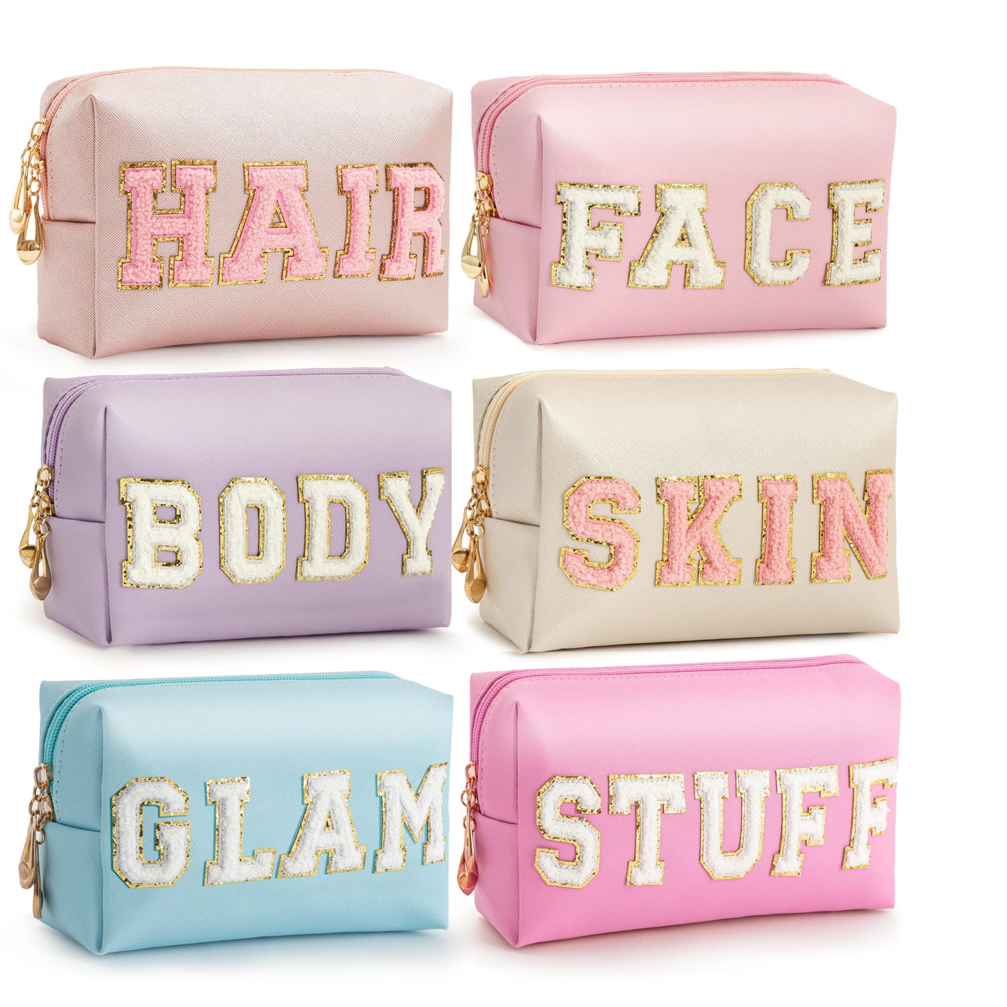 HBselect 4 Pcs Chenille Letter Patch Makeup Bags - Portable Waterproof Cosmetic Organizer for Women